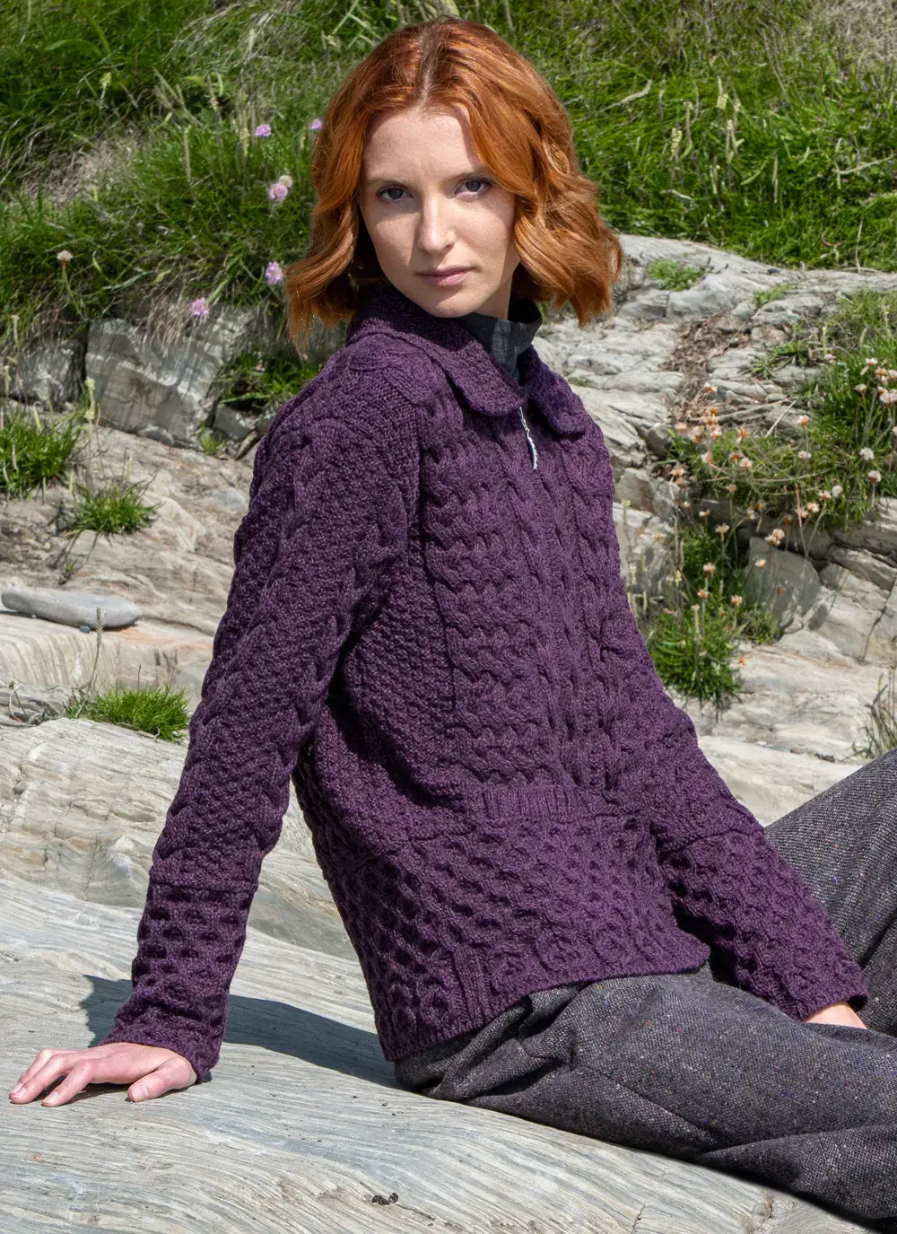 Lifestyle shot Grace Full Zip Aran Cardigan in Purple Marl